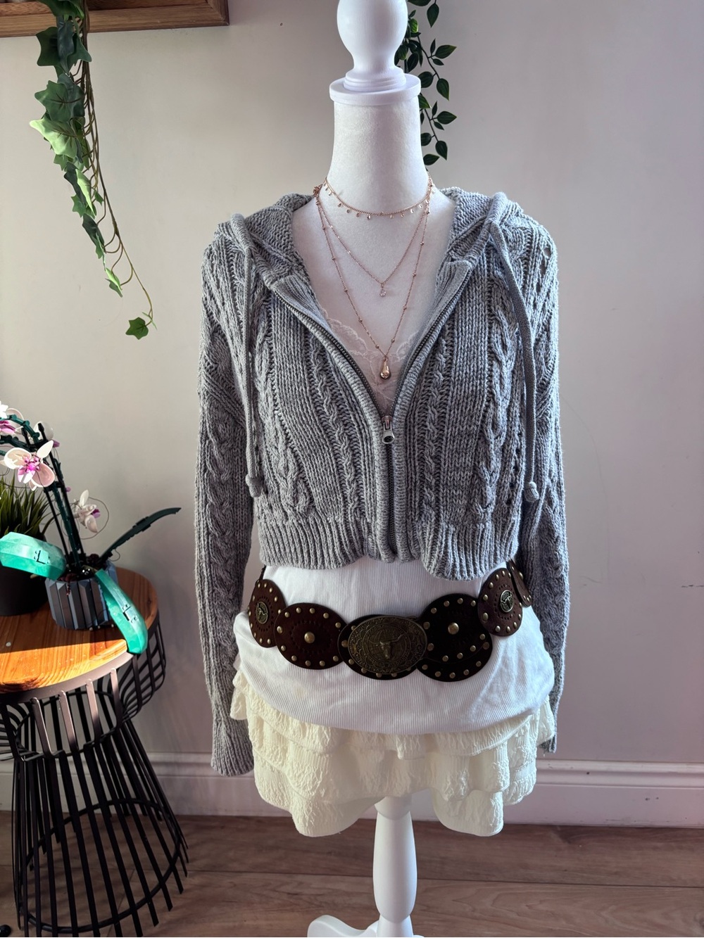 Aeropostale Light Gray Cable-Knit Hooded crop length Zip Cardigan